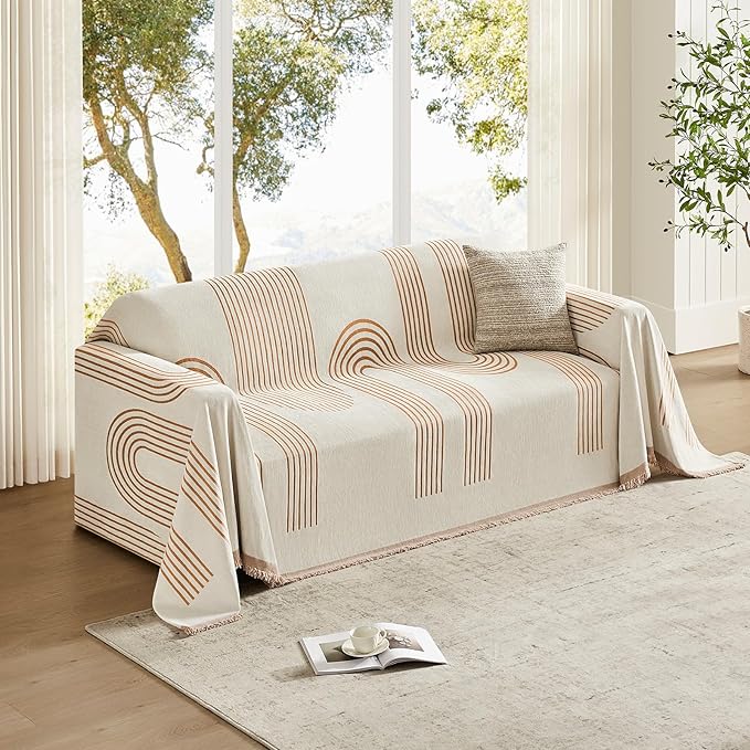 Boho Couch Cover Washable Sectional Couch Covers for Dogs Reversible Sofa Slipcover for 2 or 3 Cushion Couch Pet Friendly Furniture Protector (3# Orange, 91" x 134")