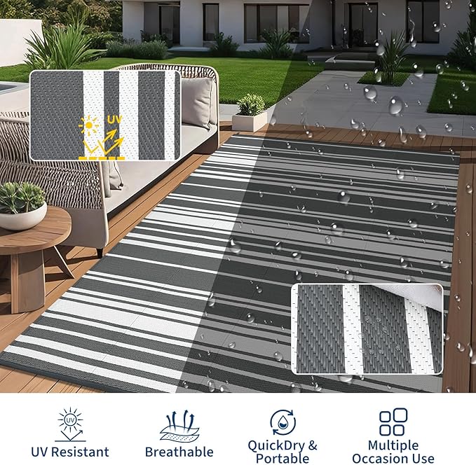 Waterproof Outdoor Rug 8x10 Contemporary Reversible Plastic Straw Rug, Easy Cleaning Striped Patio Carpet, UV-Resistant Indoor Outdoor Floor Cover for RV, Porch, Deck, Backyard, Grey