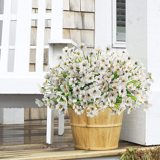 Krissing 48 Bundles Outdoor Artificial Flowers UV Resistant Fake Silk Flowers Faux Plastic Plants Outside Garden Porch Window Box Summer Decoration (White)