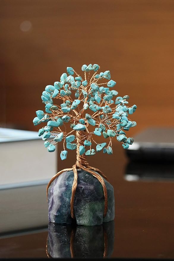 Crocon Howlite Green Turquoise Gemstone Money Tree with Fluorite Rough Wire Wrapped Base | Feng Shui Bonsai | Ornament Figurine | Chakra Balancing | Reiki Crystal Healing | Spiritual | Decor Size 5-6"