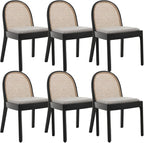 Mid Century Dining Chairs Set of 6, Accent Rattan Side Chairs Linen Fabric Kitchen Chair with Solid Wooden Legs for Living Room Dining Room, Grey