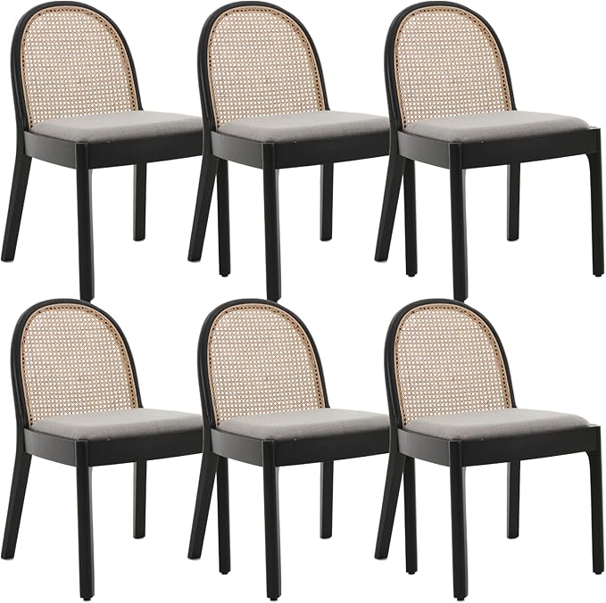 Mid Century Dining Chairs Set of 6, Accent Rattan Side Chairs Linen Fabric Kitchen Chair with Solid Wooden Legs for Living Room Dining Room, Grey