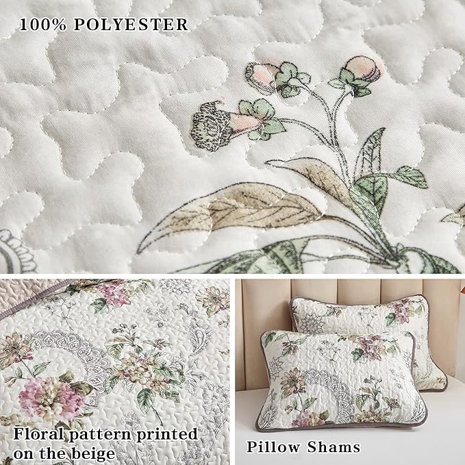 Flysheep 3 Pieces Quilt Set King Size, Beige Floral Reversible Bedspread Coverlet Set, Soft Microfiber Lightweight Bed Cover for All Season (102" x 90", 1 Quilt+ 2 Pillow Shams)