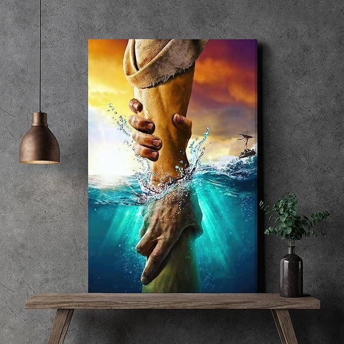 Framed Jesus Christ Canvas Wall Art The Hand of God Jesus Reaching Into Water Christian Painting Prints Biblical Wall Decor Religious Room Decor for Church Prayer Room Schools Hospitals 24'' x 36''