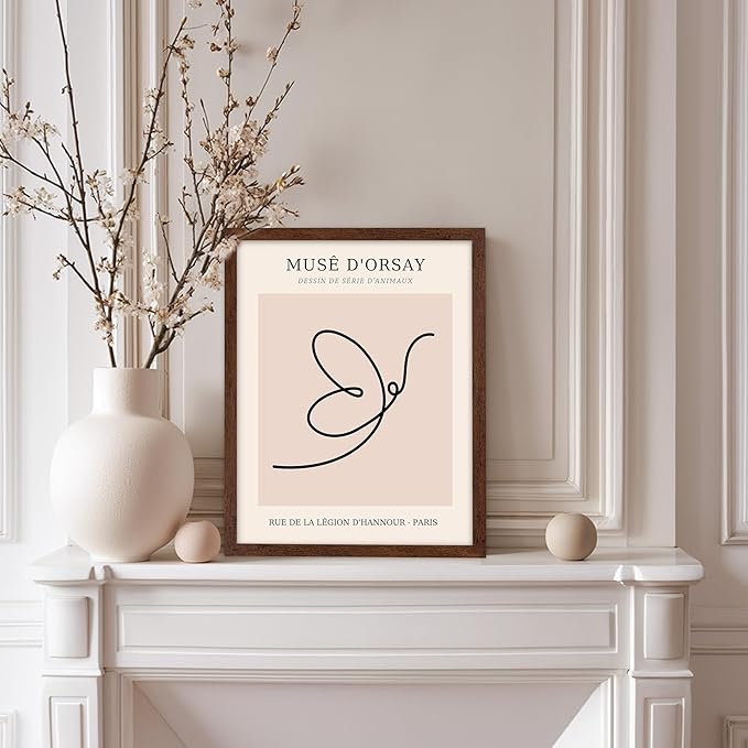 Poster Master Vintage Poster - Retro One Line Butterfly Drawing Print - Butterfly Line Art - Minimal Gift for Him, Her, Animal Lover - Abstract Decor for Home, Office, 11x14 Brown Framed