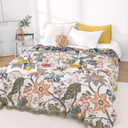 Snycler Boho Throw Blanket for Bed, 100% Organic Cotton Muslin Soft Throw-Floral Farmhouse Rustic Spring Summer Fall Decor Blanket for Couch Sofa Quilt and Gift, 80" x 90" White