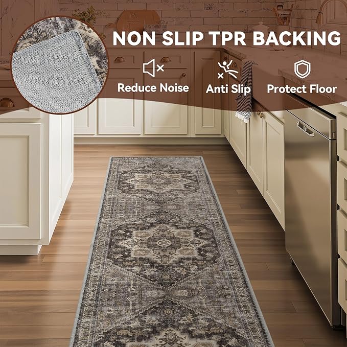 Runner 2x6 Runners for Hallways Rug Soft Kitchen Runner-Rugs for Bedroom Machine Washable Rug Vintage Oriental Floral Medallion Laundry Non Slip Brown