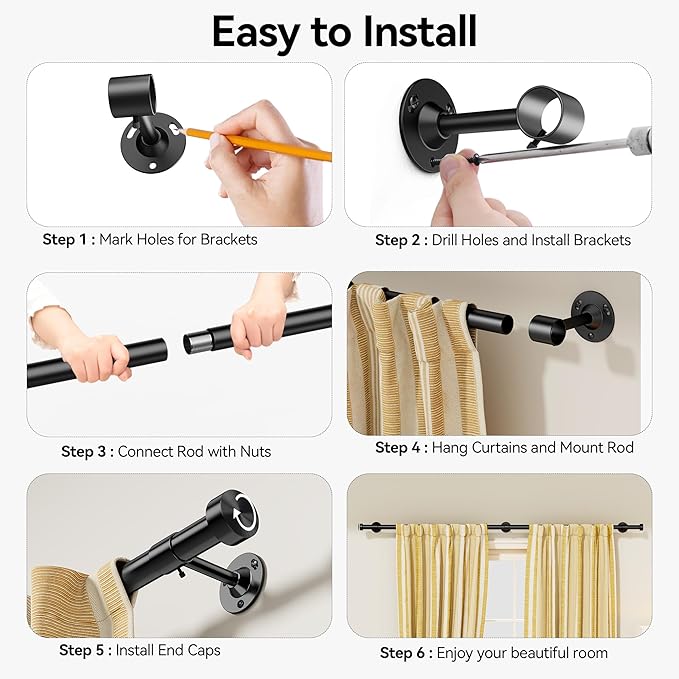 2 Pack Heavy Duty Curtain Rods 32-120 Inch, 1 Inch Adjustable Long Curtain Rods for Windows, Black Window Treatment Rod Set with Aluminium Finials, Modern Design