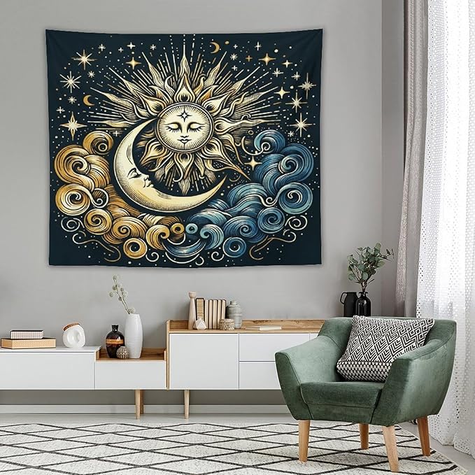 HZOHNAGO Sun Moon Tapestry Boho Golden Stars Pattern Printed Wall Tapestry Wall Hanging for Bedroom Living Room Dorm 60" W x 50" H