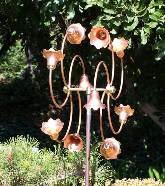 Stanwood Wind Sculpture: Kinetic Copper Dual Spinner - Tumbling Flowers
