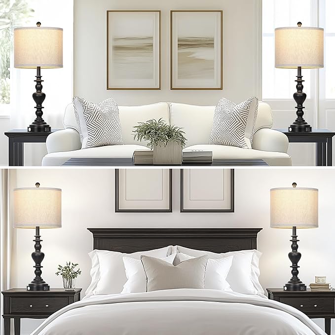 27" Farmhouse Vintage Lamps Set of 2 with USB C+A Charging Ports, Black Rustic Touch Control Table Lamp for Living Room, 3-Way Dimmable Traditional Nightstand Bedside Lamp Linen Washed for Bedroom