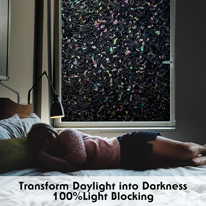 Volcanics Total Blackout Window Privacy Film with Installation Tools, Rainbow Room Darkening Black Window Cover, Static Cling 100% Light Blocking 17.5 x 78.7 Inches