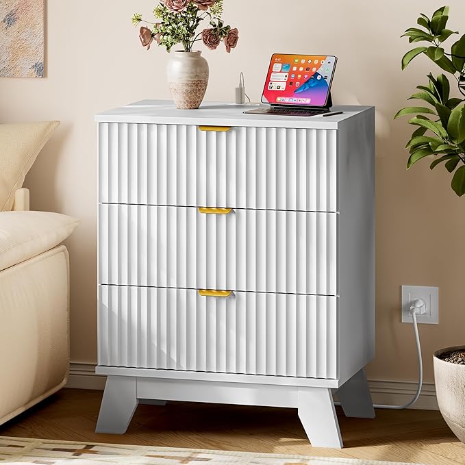 30.5" Nightstand with Charging Station, 3-Drawer Fluted Bedroom Chest, Wood Bedside Dresser with Power Outlets and USB Ports, Metal Slides, Stable Base, Modern Storage Cabinet for Small Spaces