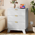 30.5" Nightstand with Charging Station, 3-Drawer Fluted Bedroom Chest, Wood Bedside Dresser with Power Outlets and USB Ports, Metal Slides, Stable Base, Modern Storage Cabinet for Small Spaces