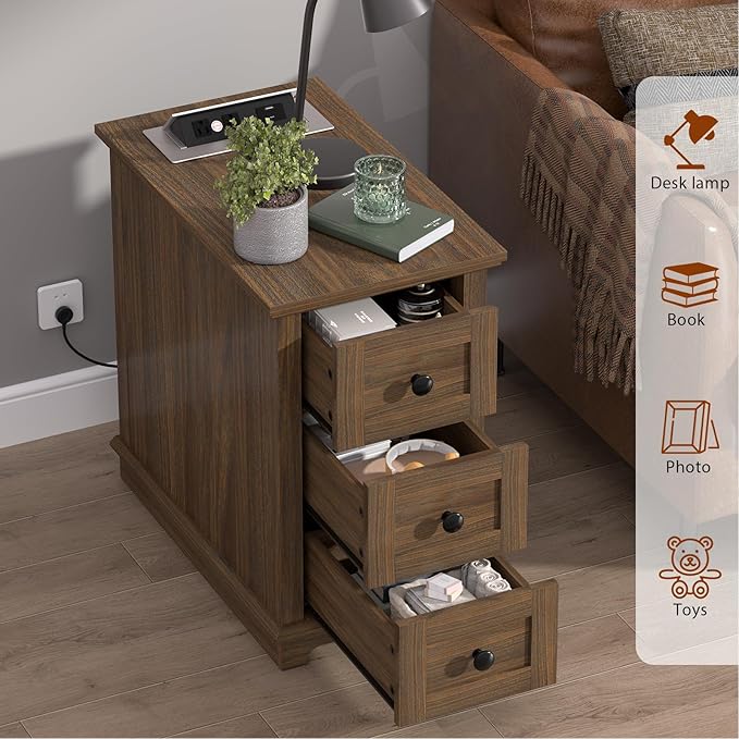 HIFYOBRO End Table with Flip Top Charging Station, Narrow Side Table with 3 Drawers, Wooden Nightstand, End Table with Storage for Living Room & Bedroom
