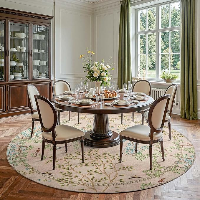 jinchan Round Rugs 7ft Beige Botanical Birds Print Machine Washable 7' Circle Nature Plants Modern Soft Non Slip Kids Throw Area Rugs Ultra Thin Low Pile Carpet for Living Room Bedroom Dining Room