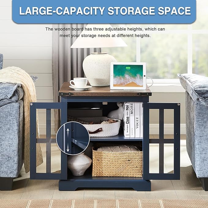 Farmhouse End Table with Charging Station,24" Large Side Table with Glass Barn Door, Rustic Wood Nightstand Bedside Table with Adjustable Storage Shelf for Living Room, Bedroom, Navy Blue