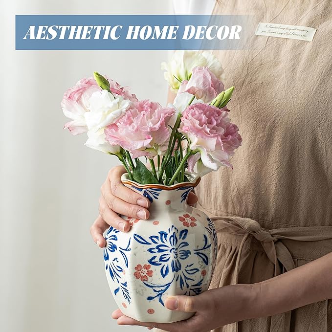 Small Blue and White Ceramic Vase, 6 Inch Vintage Chinoiserie Flower Vase Decorative Antique Vases for Home Decor, Rustic Porcelain Vase Farmhouse Shelf Table Centerpieces Decor