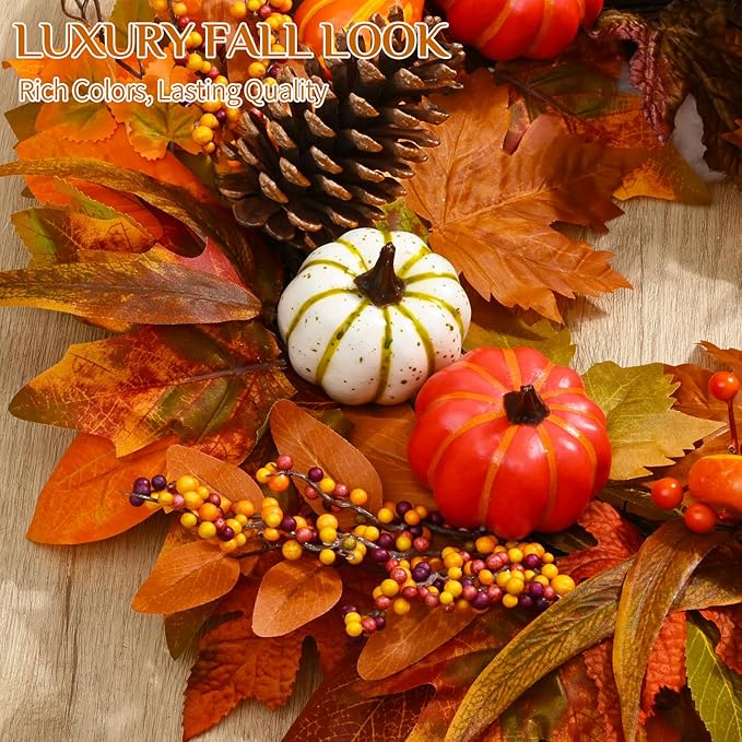 Fall Decor - Fall Wreaths for Front Door Outside, 20 Inch Fall Door Wreath, Handcrafted Autumn Wreath with Colorful Pumpkins Maple Leaves, Fall Decorations for Home Front Door Porch Thanksgiving Decor