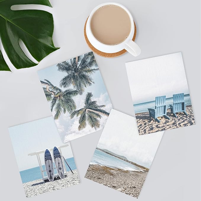 SIGNWIN Poster Bathroom Decor 11"x14"x 4, Wall Art Room Decor Multicolor for Living Room, Bedroom, Office White Surfboard Tropical Palm Tree Beach Shore Nature Wilderness Realism Landscape Colorful