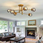 SZXYKEJI 6-Lights Glass Globe Chandelier Modern Flush Mount Ceiling Light Fixture Gold Farmhouse Lighting for Dining Room Living Room Bedroom Kitchen Passageway.