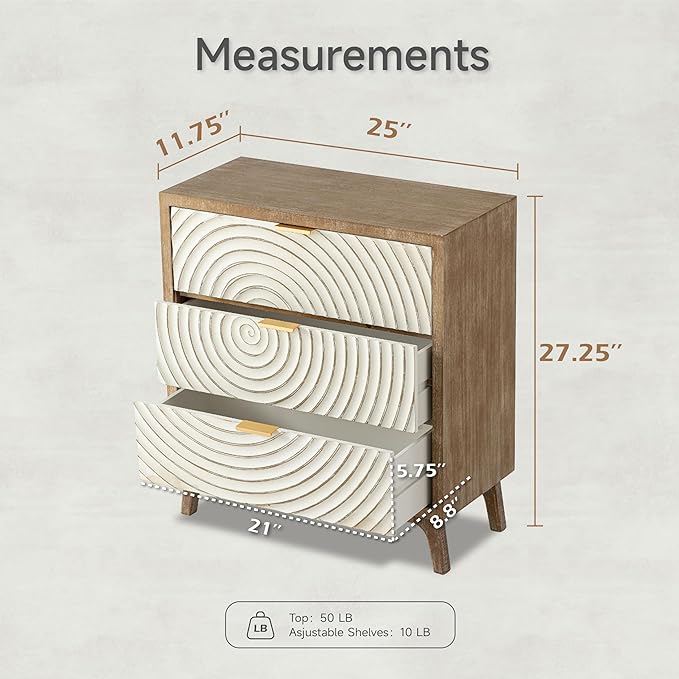 LONYKE Farmhouse 3 Drawer Dresser, White Nightstand with Handcrafted Wood Ring Motif for Bedroom, Rustic & Natural, Fully Assembled, Boho