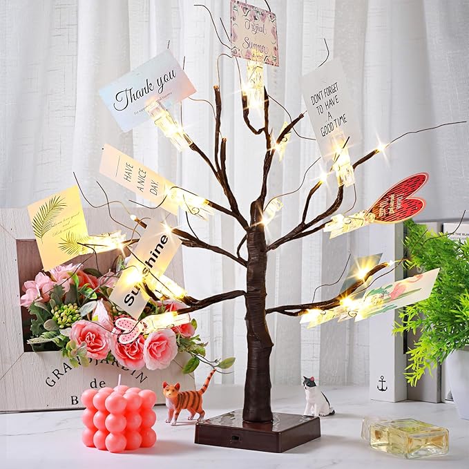 Mudder Money Holder Tree Present Card Holder with 12 Clear Clips LED Birch Twig Lights Tabletop Display Tree for Christmas, Valentines, Memo, Photo, Wedding(Classic Style,Brown, Warm White)