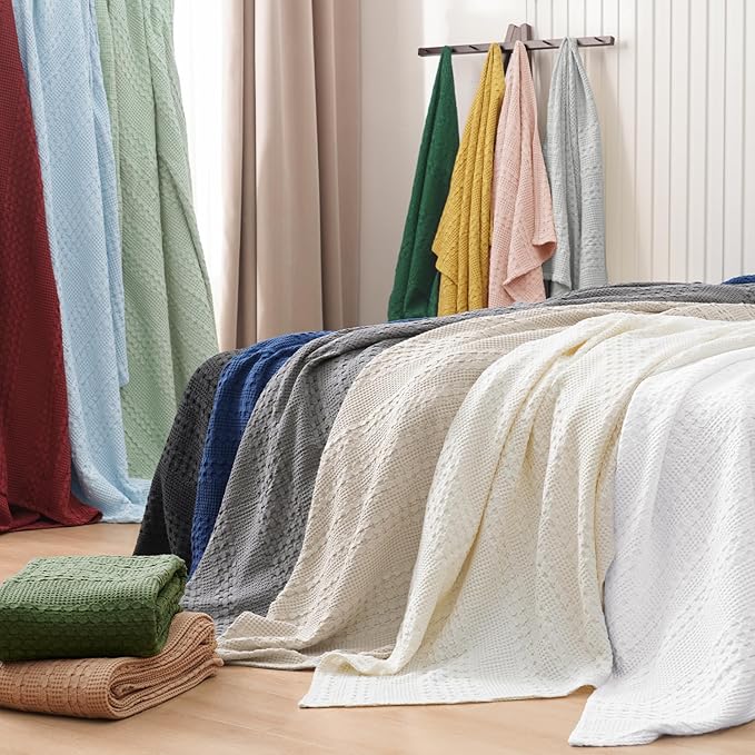 PHF 100% Cotton Waffle Weave Blanket Queen Size, Soft Lightweight Breathable Cozy Summer Blankets for Bed, Luxury Aesthetic Woven Bedding for Home Decor, 90"x90", Light Grey