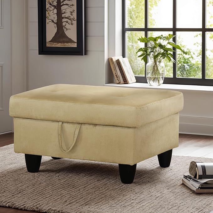 Ottoman Rectangular Storage Ottoman Bench, Flannel Footrest Stool Footstool with Lid for Living Room, Bedroom, Entryway, Light Brown, 28.5"x19"x17.5"