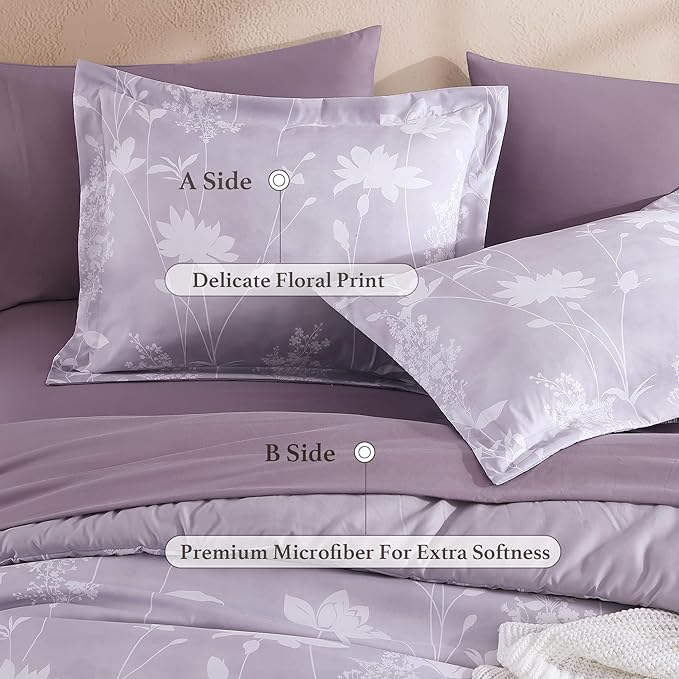 Full Comforter Set -7 Pieces Floral Purple Comforter Set for All Seasons, Bed in a Bag Full with Botanical Flowers Comforter, Sheets, Pillowcases & Shams