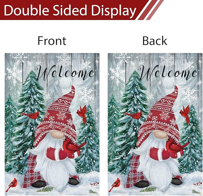 Heyfibro Welcome Christmas Garden Flag Winter Gnome Garden Flags 12x18 Double Sided Burlap Cardinals Snowflakes Snow Garden Yard Flags for Seasonal Outside Outdoor House Decoration (ONLY FLAG)