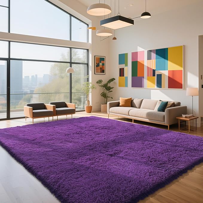 Purple Fluffy Rug Shaggy Area Rug, 9x12 Area Rugs for Girls Bedroom, Big Soft Shaggy Bedside Non-Slip Plush Dorm Nursery Kids Carpet Home Decor Aesthetic