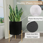 ARNIS Modern Plant Pots, Set of 2 Round Large Planters with Stand, Large Size Metal Pots with Drainage Holes for Living Room, Office, Garden or Balcony, 10.5 &12.25 Inch, Black & Gold