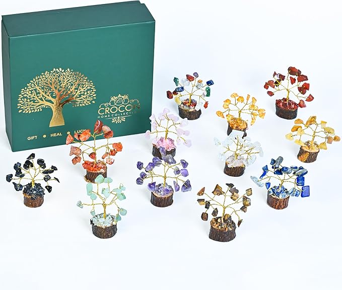 Crocon 12 Crystal Tree of Life Return Gifts Birthday Gifts for Women Chakra Healing Crystals & Stones for Positive Energy Good Luck Home and Office Decor Party Favor Gift for Mom & Dad Housewarming