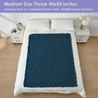 Bigacogo Chunky Knit Throw Blanket for Couch, 40x60 inches, 100% Hand Knitted with Thick Jumbo Chenille Yarn, Cozy Soft Large Rope Knot Cable Crochet Blankets for Sofa Bed Living Room, Deep Sea Blue