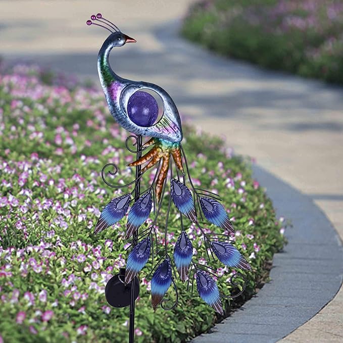 TERESA'S COLLECTIONS Solar Garden Lights Outdoor Garden Decor, Metal Peacock Decorations for Yard, 33'' Purple Decorative Garden Stake for Outside with Crackle Glass Ball, Lawn Party Gifts for Mom
