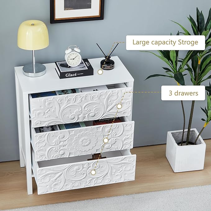 White 3 Drawer Dresser, Wide Chest of Drawers with Storage, Accent Nightstand Cabinet Luxury Carving Dresser for Bedroom Hallway Living Room Entryway Office (1, White)