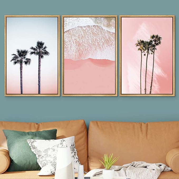 SIGNWIN 3 Piece Framed Canvas Wall Art Palm Tree in The Pink Beach Canvas Prints Home Artwork Decoration for Living Room,Bedroom - 24"x36"x3 Natural