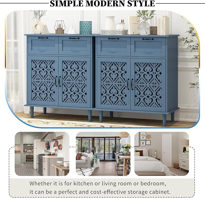 Kitchen Storage Cabinet with Drawers - Accent Cabinet with Carved Door, Floor Sideboard Buffet with Storage, Small Wood Credenza for Living Room, Dining Room, Entryway, Blue