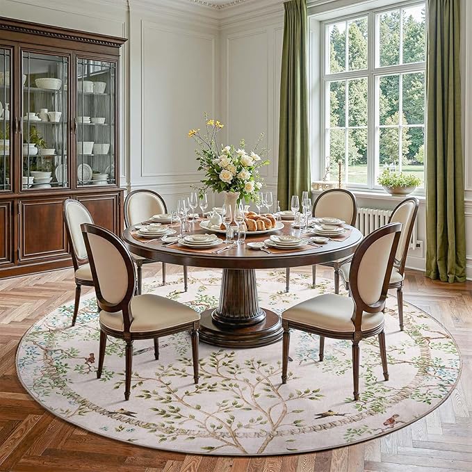 jinchan Round Rugs 8ft Ivory Botanical Birds Print Machine Washable 8' Circle Nature Plants Modern Soft Non Slip Kids Throw Area Rugs Ultra Thin Low Pile Carpet for Living Room Bedroom Dining Room