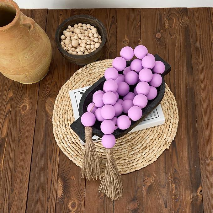 OMISHE 76" Long Large Wood Bead Garland with 1.6" Diameter Wooden Beads and Tassels, Rustic Farmhouse Country Wood Beads Garland for Home Tiered Tray Decor, Decorative Beads with Tassels Purple