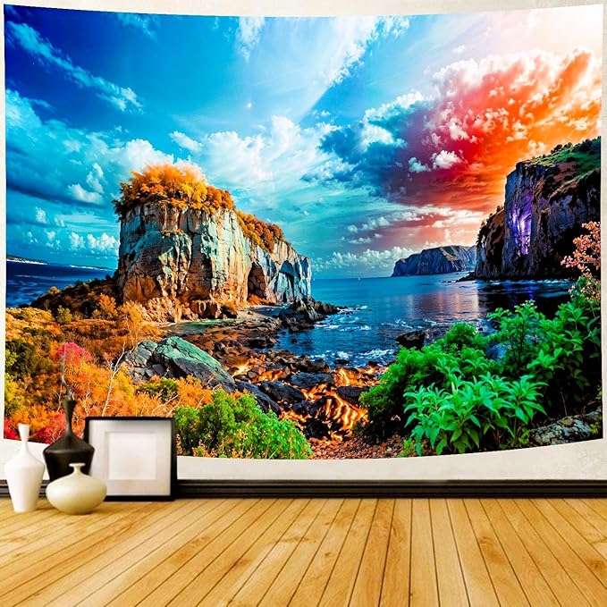 Delur Coastal Ocean Beach Tapestry Tropical Forest Tree Sunrise Sea Landscape Tapestry Wall Hanging Wave Sunset Nature Colorful Spiritual Headboard for Bedroom Living Room Home Decor (70.8" x 92.5")