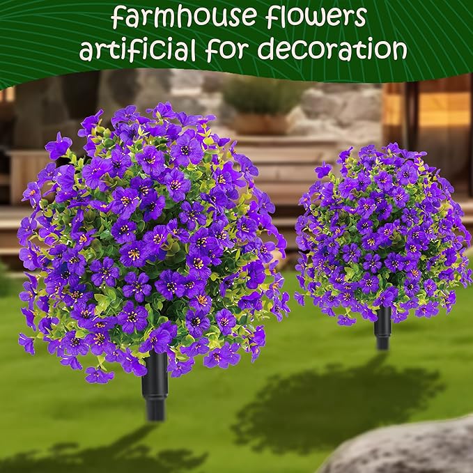 22.8" Set of 2 Fall Artificial Boxwood Topiary Ball Trees with Spikes,UV Resistant Fake Outdoor shrubs with Violet Flowers, Realistic Faux Plants Bushes for Garden Porch Yard Patio Decor(Purple)