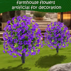 22.8" Set of 2 Fall Artificial Boxwood Topiary Ball Trees with Spikes,UV Resistant Fake Outdoor shrubs with Violet Flowers, Realistic Faux Plants Bushes for Garden Porch Yard Patio Decor(Purple)