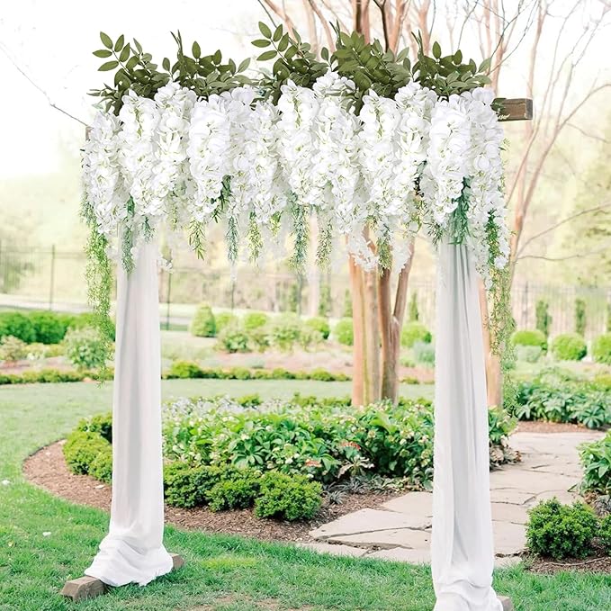 4PCS White Artificial Wisteria Hanging Flowers 40'' Tall Lush Fake Wisteria Flowers for Floor Vases Silk Flowers for Wedding Arch Ceremony Window Box Home Garden Backdrop Decoration (White)