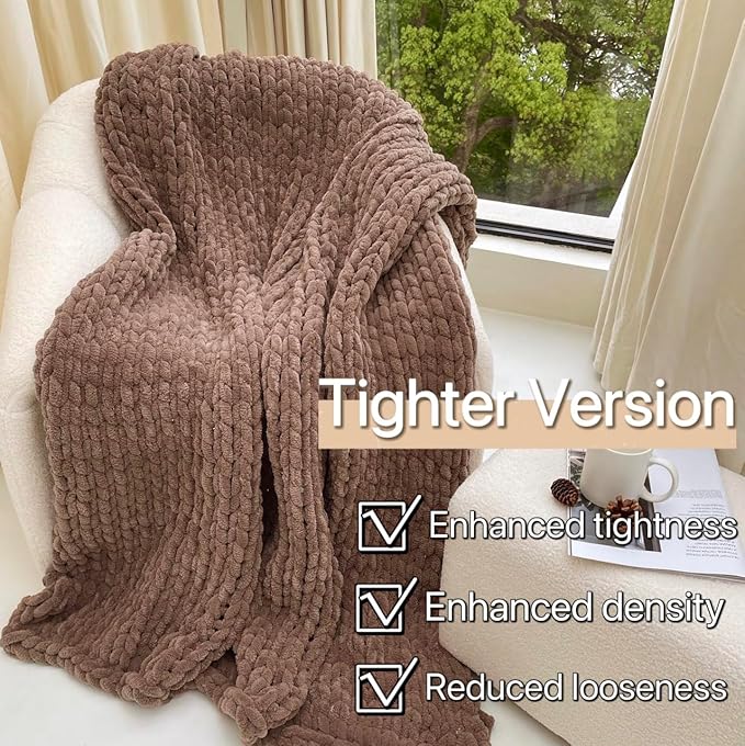 Maetoow Tighter Version Chenille Chunky Knit Blanket Throw （60×80 Inch）, Handmade Warm & Cozy Blanket Couch, Bed, Home Decor, Soft Fleece Banket, Boho Thick Blankets and Giant Yarn Throws，Brown
