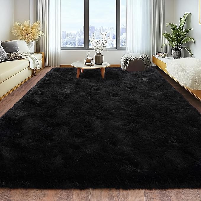 Large 8x10 Area Rugs for Living Room, Black Soft Shag Rug for Bedroom, Non-Slip Ultra Fluffy Rug, Modern Plush Carpet for Girls Boys Kids Room Dorm, Fuzzy Rug for Home Decor Aesthetic