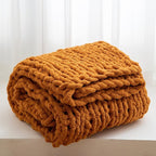 WESHIONGOO Chunky Knit Blanket Throw 50"×60" Knitted Throw Blankets for Couch Bed Fall Throw Blanket Fluffy Soft Blanket with Jumbo Chenille Yarn Thick 100% Handmade (Burnt Orange)