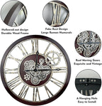 The B-Style Large Real Moving Gears Wall Clock 30 inch Rustic Retro Industrial Farmhouse Wood Clock Oversized Decorative Vintage Wall Clocks for Living Room (Cherry red and Bronze