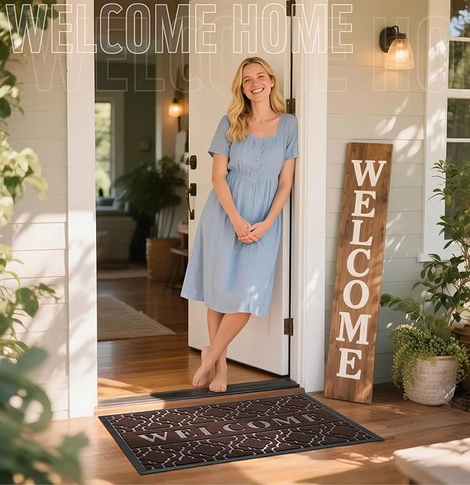 Yimobra Welcome Mat Outdoor Indoor, All-Season Waterproof Front Door Mat Outside Entrance, All-Weather Heavy Duty Non-Slip Doormat, Low Profile Porch Patio Entrance Mats, 36x24, Brown